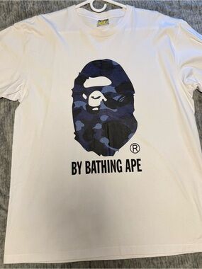A Bathing Ape White Short Sleeve T-Shirt with Blue Camo Ape Logo